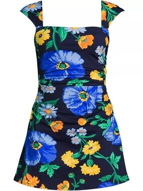 Land’s end Square Neck Ruched Swim Dress Swimsuit poppy floral Feminine Plus